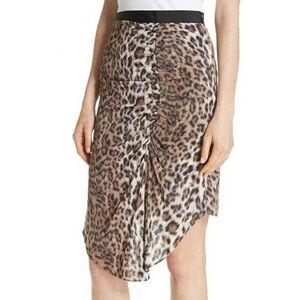 Joie Ornica Silk‎ Skirt 0 Tan Brown Leopard Print Asymmetrical Hem Draped Ruched